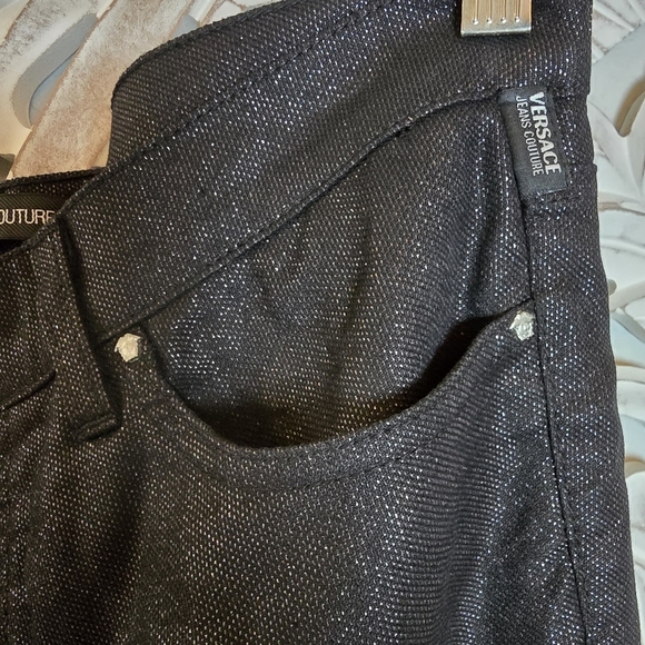 Versace Couture Black Shimmer Denim Jeans Vintage Wide Leg Made In Italy Size 35 - Picture 3 of 10